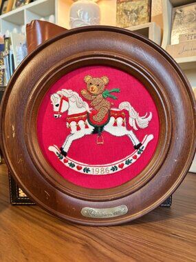 Needlecraft Kit Collectors Plate 1986 Rocking Horse Embroidery Wood Frame